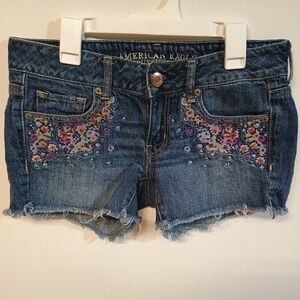 American Eagle Womens Size 4 Hi Rise Embroidered Cut Off Jean Shorts Dark‎ Wash